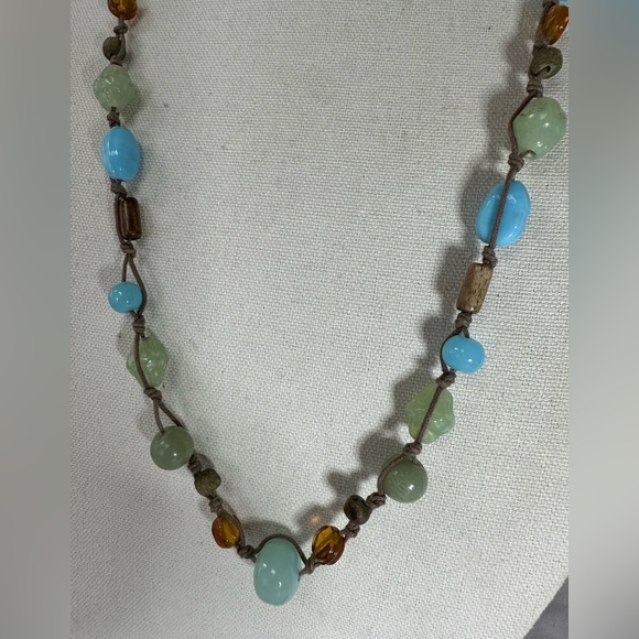 Boho cord necklace with sea glass vibes of blue and green beads - Picture 2 of 5